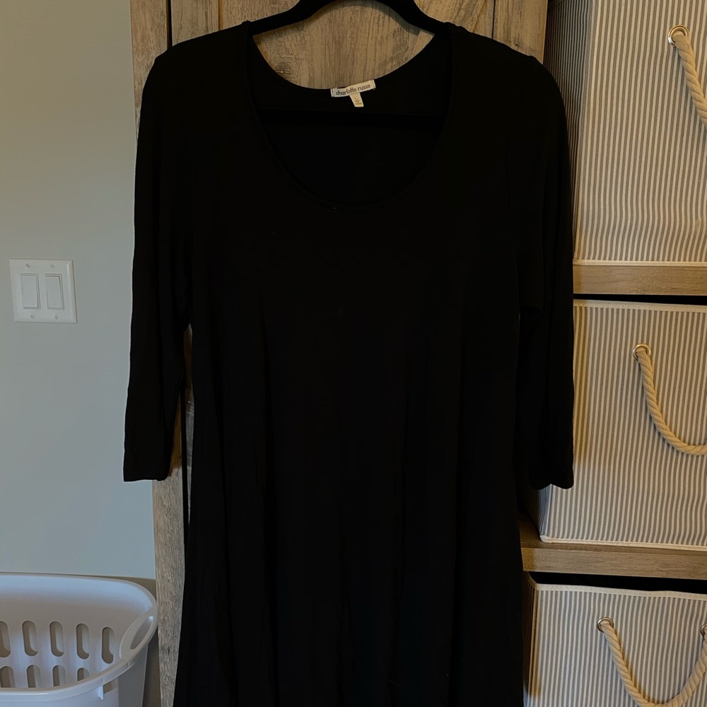 Black 3/4 Sleeve Flowy Skater Jersey Dress